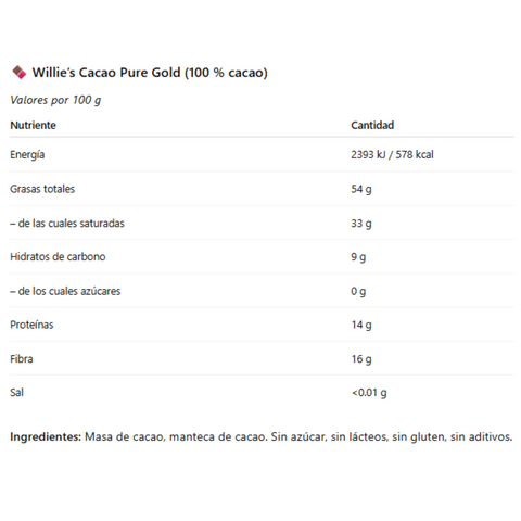 Willie's Cacao Pure 100% Gold Chocolate 40 Grs