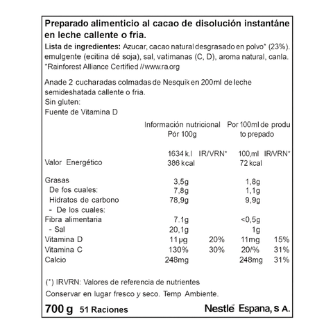 Nesquik Instantáneo Cacao Soluble 700 Grs - Qumir