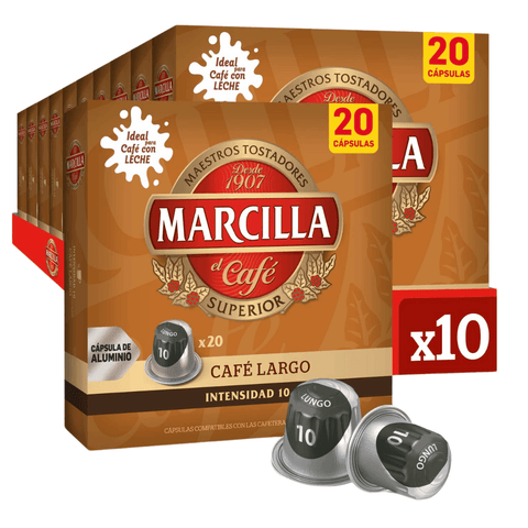 Pack Café Marcilla Largo 200 Cápsulas Compatibles Nespresso - 10 Uds - Qumir